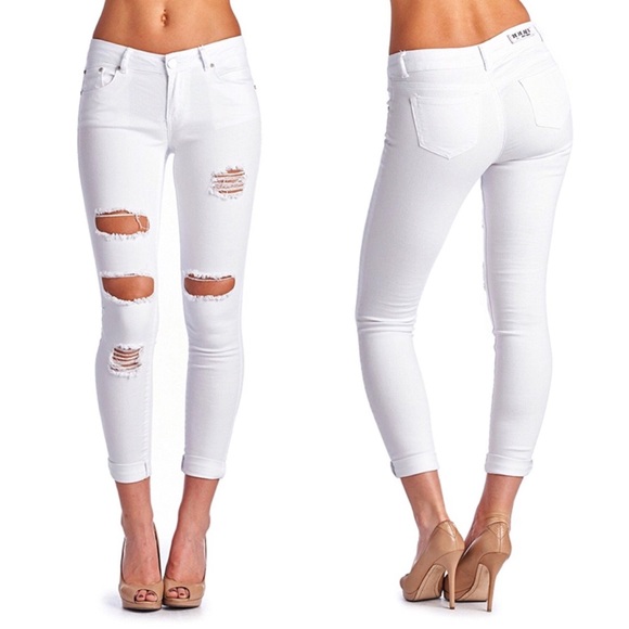 fairlygirly Denim - Distressed Cropped White Denim Cuffed Jeans